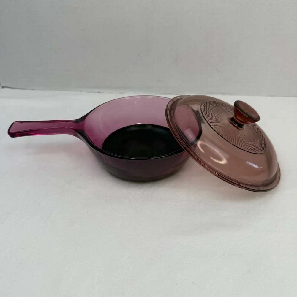 Vision Corning Cranberry Glass Skillet Saucepan with Pyrex V1C Lid Non-Stick